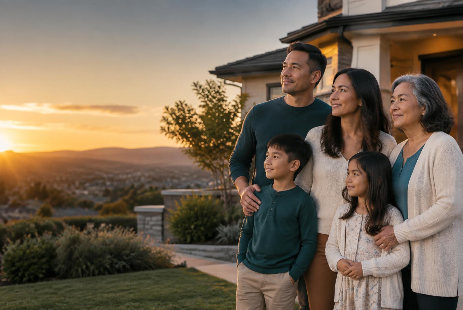 A multigenerational Filipino American family together at golden hour